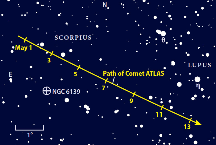 Комета Атлас на карте звездного неба