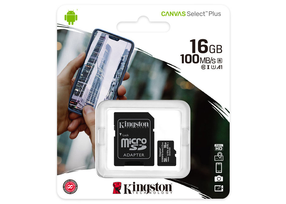 Карта памяти microSDHC Kingston 16 ГБ Canvas Select Plus UHS-I U1 A1 ADP (100/10 МБ/с)