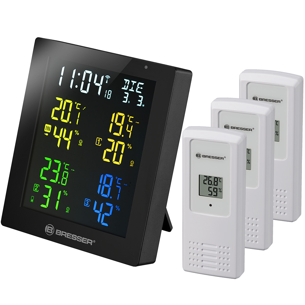 Метеостанция Bresser (Брессер) ClimaTemp Hygro Quadro с тремя датчиками, черная