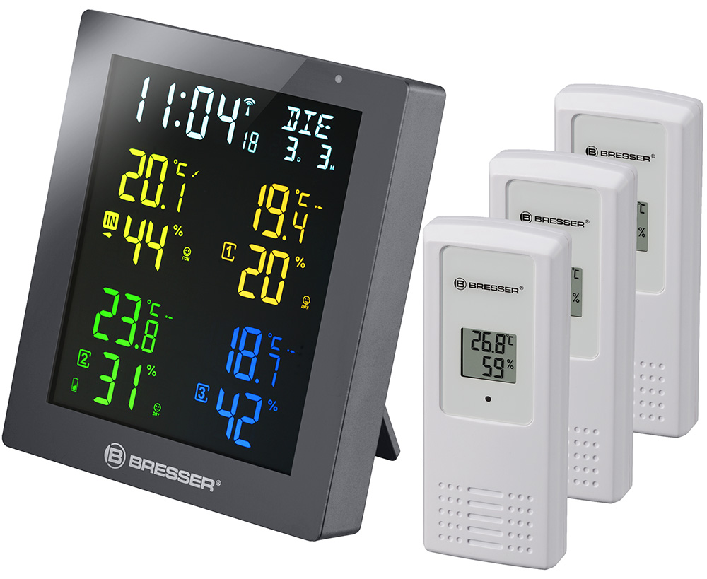 Гигрометр Bresser (Брессер) ClimaTemp Hygro Quadro с тремя датчиками, серый