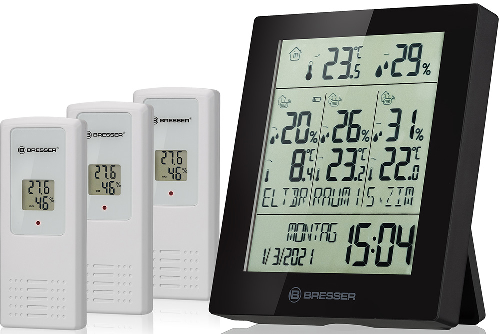 Метеостанция Bresser (Брессер) Temeo Hygro Quadro Prestige с тремя датчиками, черная