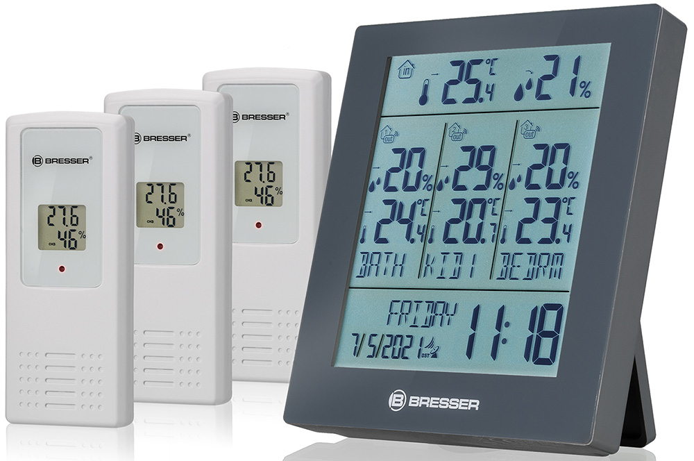Метеостанция Bresser (Брессер) Temeo Hygro Quadro Prestige с тремя датчиками, серая
