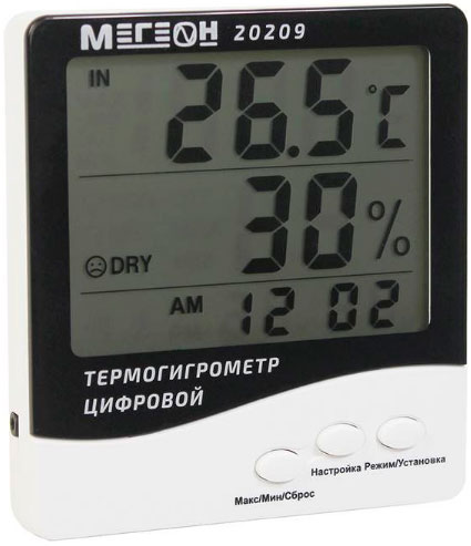 Термогигрометр цифровой МЕГЕОН с выносным датчиком, настольный (20209)